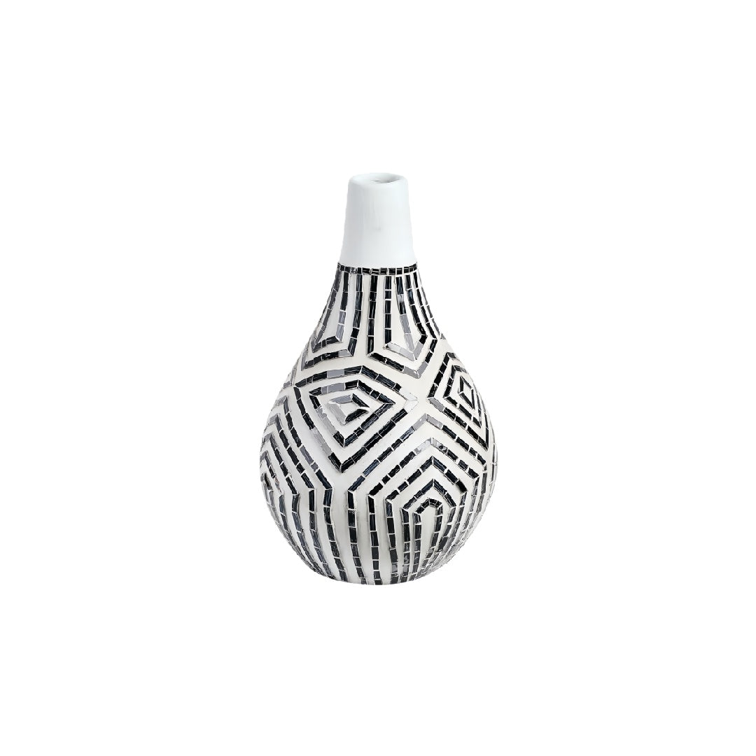 Mosaic Patterned Ceramic Teardrop Vase with Black and Mirror Inlay - 12 inch Decorative Bud Vase