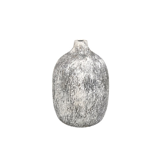 Modern Distressed White and Grey Ceramic Balloon Vase - 11 inch Textured Stoneware Decorative Vase